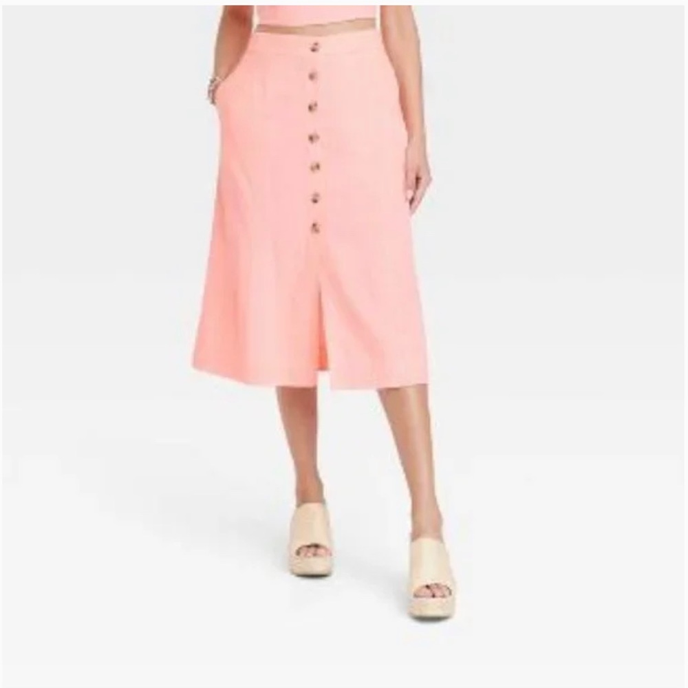 Universal Thread Linen Utility Midi A-Line Skirt - Pink Parasol XS
